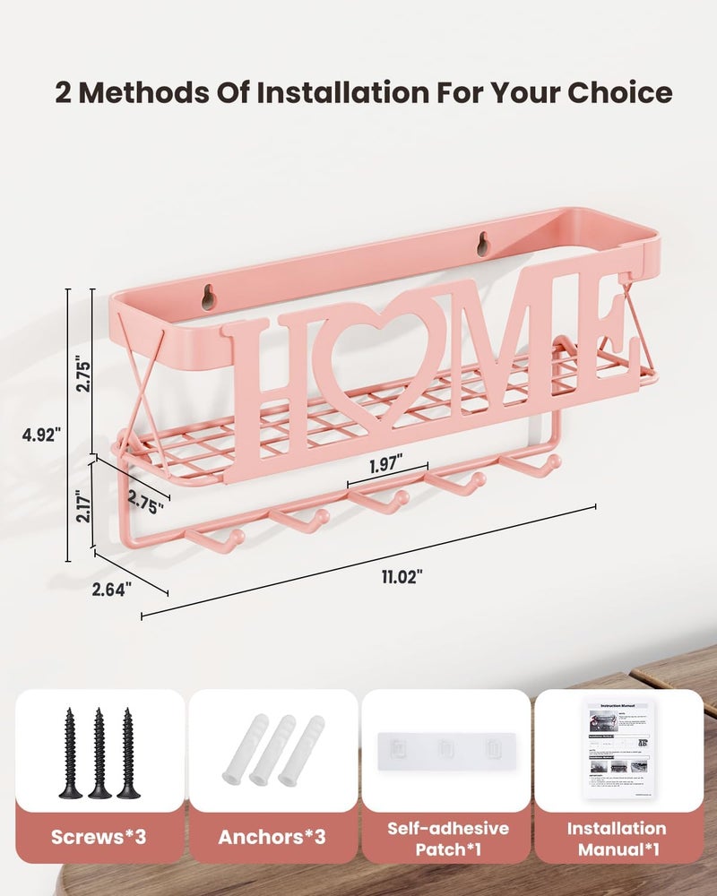OHOBABY Key Holder for Wall - Adhesive Key Rack with 5 Key Hooks, 11.02" L×2.75" W×4.92" H, Key and Mail Organizer Wall Mount, Key Hanger for Wall, Entryway, House, Living Room Decor(Pink) - Image 2